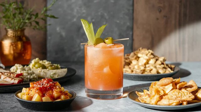 Garnished Bloody Mary cocktail with snacks on rustic table in warm studio light