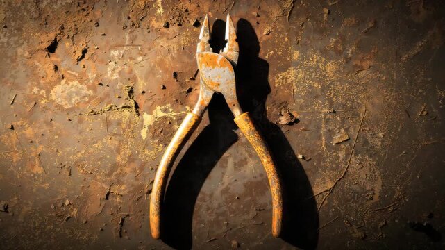 Rusty wire cutters on corroded metal surface in industrial workshop