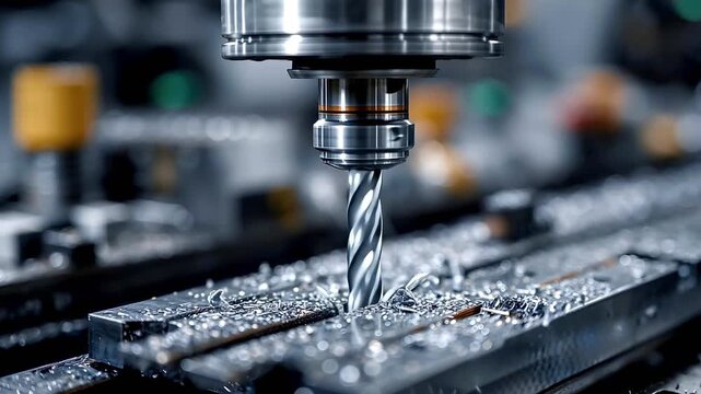 Automated cnc drilling machine creating a hole in a metal bar during a manufacturing process, with metal shavings and swarf flying from the spinning drill bit in an industrial factory setting