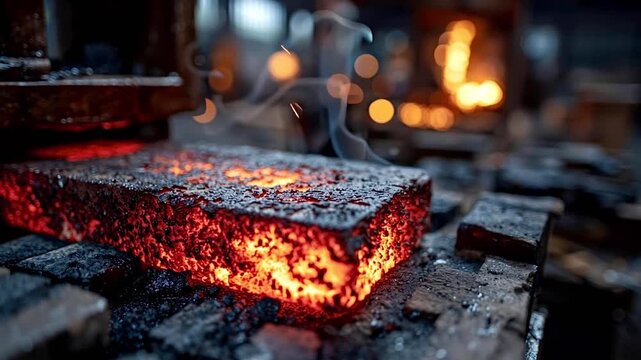 Glowing hot steel ingot being forged under a powerful hydraulic press in a metallurgy factory, with smoke and sparks flying from the intense heat and pressure of the industrial process