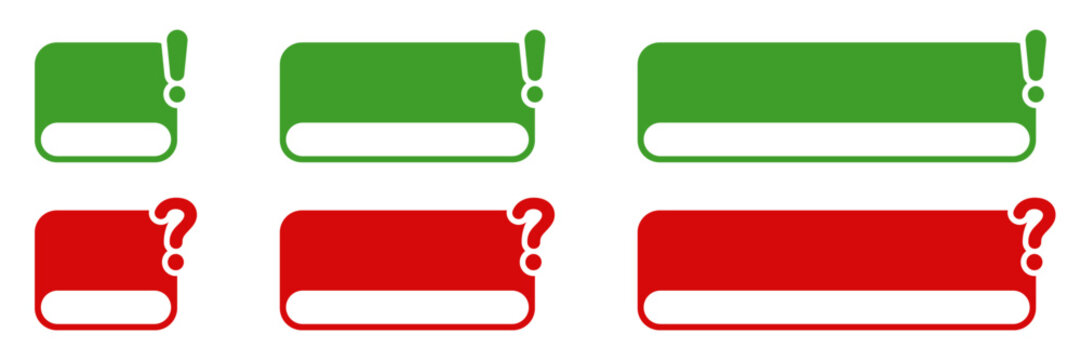 Exclamation and Question Marks for Alert and Notification Box Attention. Text banner and important frame. Green and Red Message Label. Isolated Vector Illustration