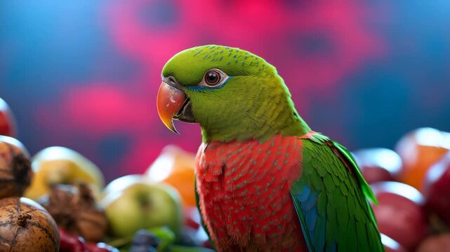 Close-up of colorful parrot turning head among fruit on blurred studio background