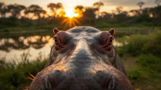 Close-up of hippopotamus emerging at riverbank during golden hour in African savanna