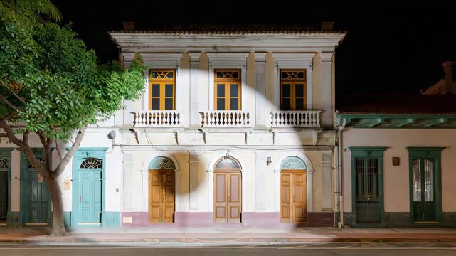 Headlights sweeping across historic colonial facade on empty city street at night