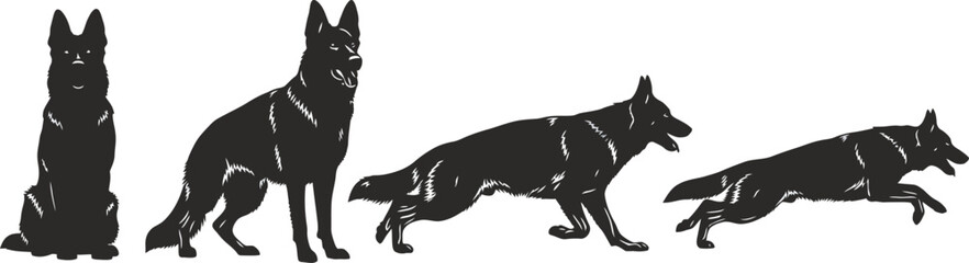 Silhouetted german shepherd dogs displaying different poses and movement stages