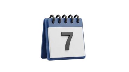 3D Realistic Blue Flip Calendar Showing Number Seven with White Pages and Black Spiral Binding Isolated on Transparent Background