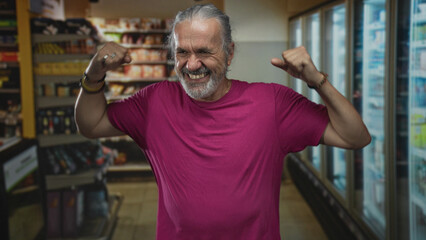 Middle aged man with long grey hair and beard clenches fists and raises arms in a building...