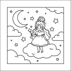 Bold and easy princess coloring page line art vector, prince cozy moment activity moment coloring book