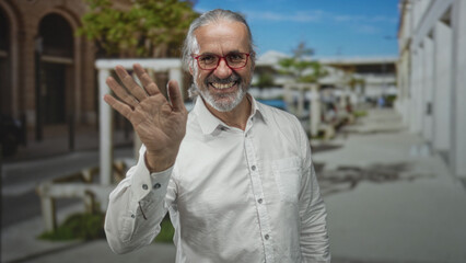 Man smiling and waving hand on a street with white shirt and red glasses near planters and buildings; warmth greeting.