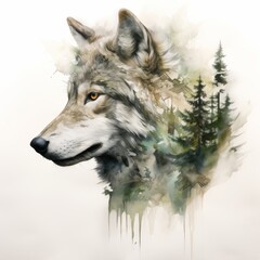 Majestic Watercolor Wolf Portrait. Spirit of Forest. Wild Animal Mascot. powerful and Cruel Wild Dog Face Portrait Watercolor Art. 