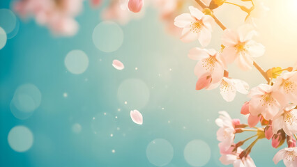 Fototapeta premium Delicate cherry blossom branches in soft sunlight with floating petals and bokeh effect capturing