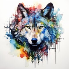 Majestic Watercolor Wolf Portrait. Spirit of Forest. Wild Animal Mascot. powerful and Cruel Wild Dog Face Portrait Watercolor Art. 