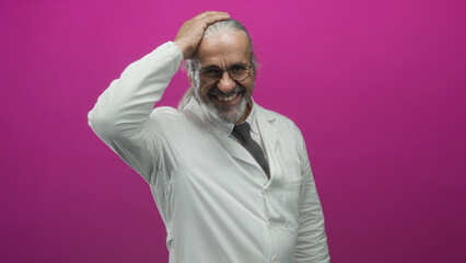 Obraz premium Scientist man with hoary long hair wearing white lab coat and tie touching head in pink studio; confidence wisdom experience.