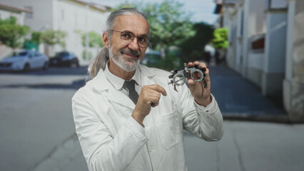 Man with hoary long hair and round glasses wearing a white lab coat holding a phoropter in his...