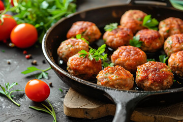 fasirozott or fasirt meatballs fried in pan, selective focus