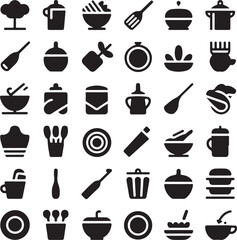 Kitchen utensil and food icon set glyphs