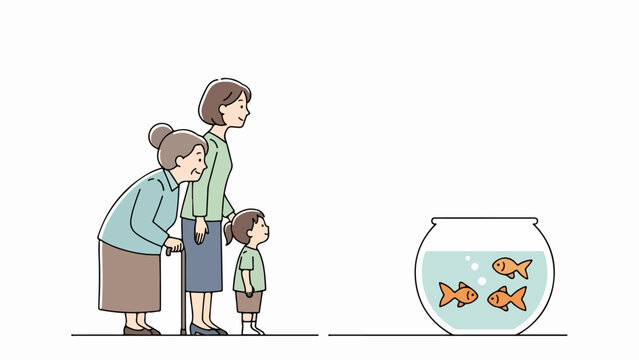 Three generations fish, grandmother, mother, and child watch goldfish in glass bowl. Three generations fish scene depicts family connection, shared moments, wonder.