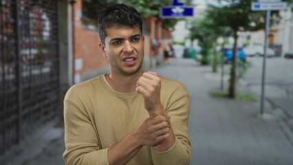 Man with bruised wrist holds his arm on a busy street while young hispanic guy in outdoor setting...
