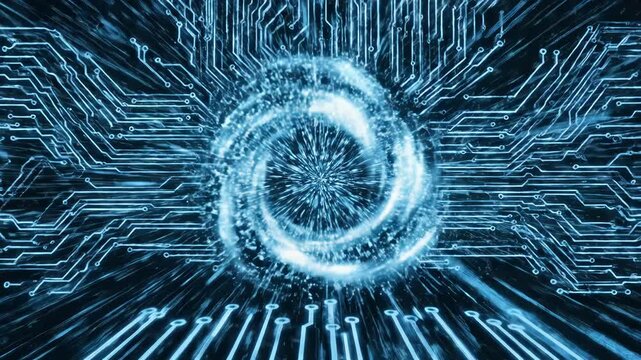 Abstract blue glowing digital circuit board pattern leading to a dark circular portal or eye in cyberspace