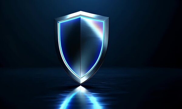 Abstract digital representation of a metallic shield with glowing blue edges and reflections on a dark background symbolizing protection and security
