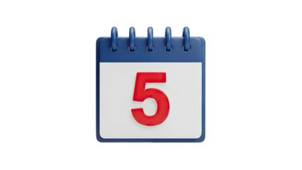 3D Realistic Calendar Page Showing Number Five With Blue Binder And Metal Spiral On A Transparent Background