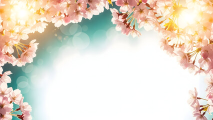 Elegant springtime floral border with cherry blossoms and soft glowing background