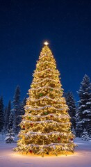 A tall, lit evergreen tree stands in snowy woods under a starlit night. Festive gold lights and ornaments adorn the branches