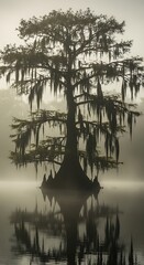 A tall, majestic tree with hanging moss stands silhouetted in calm, misty waters, its reflection mirrored below. Fog surrounds