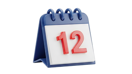 3D Realistic Calendar Page With Number 12 On A Transparent Background Ready For Design