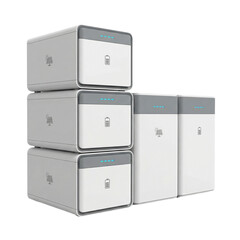 Modular solar and battery energy storage units isolated on transparent background.