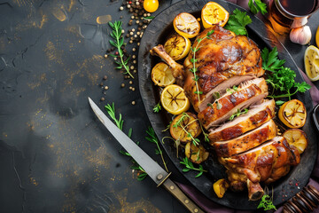 krustenbraten mit dunkelbierse baked pork with dark beer, top view