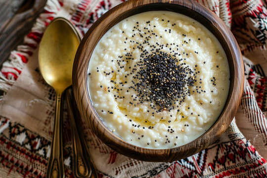 lapa ordinary rice pudding with black poppy seeds, top view