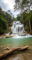 A tall, multi-tiered waterfall cascades down a rocky cliff face into a turquoise pool, surrounded by lush green foliage