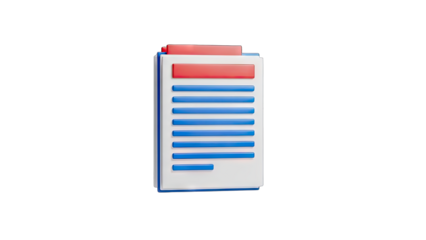 Clean 3D Rendering Of Stacked Documents With Red Cover Sheet And Blue Lined Paper On Transparent Background