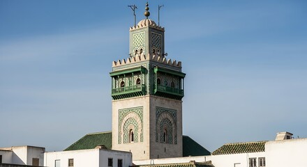A tall, ornate minaret with geometric patterns, green accents, and a small balcony rises against a clear blue sky. A flat roof of a building is at its base