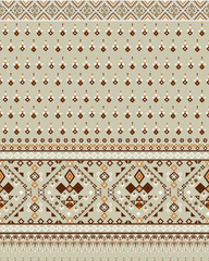 Seamless ethnic geometric design in warm earth tones with traditional tribal motifs.
