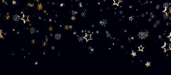 Christmas background with golden stars, snowflakes, on a dark blue backdrop. Perfect for holiday designs and wi