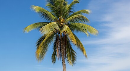 A tall palm tree, its fronds a vibrant green and yellow, stands against a clear, bright blue sky, sunlight illuminating the scene