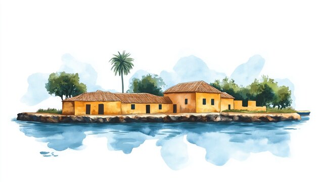 Goree Island. Goree Island hand drawn watercolor illustration on white background