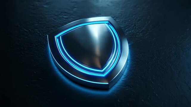 Futuristic metallic shield emblem with glowing electric blue neon light accents on a dark textured background symbolizing protection and advanced technology