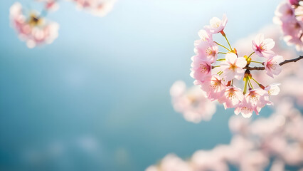 Delicate cherry blossom branch in full bloom against a soft blue sky background evoking springtime