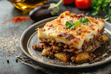 moussaka eggplant potato-based dish including ground meat, selective focus