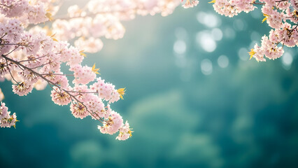 Delicate cherry blossom branches blooming under soft sunlight in a serene park setting during