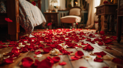 The floor strewn with roses, romance, Valentine's Day