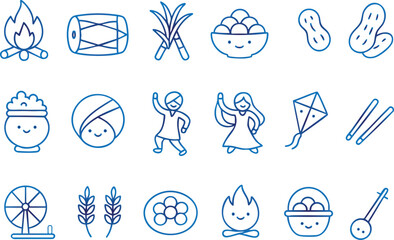 Icons representing indian harvest festivals like lohri, pongal, and makar sankranti traditions