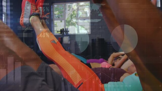 Instructor cue starting fitness class performing V-ups and leg raises for core, HUD tracking reps