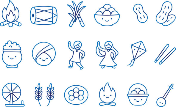 Icons representing indian harvest festivals like lohri, pongal, and makar sankranti traditions