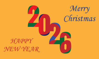 Colorful &ldquo;2026 Merry Christmas and Happy New Year&rdquo; greeting with festive multicolor numbers on a warm orange background, perfect for holiday cards, banners, and seasonal designs.