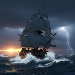 Obraz premium A tall sailing vessel navigates turbulent ocean waves during a stormy sunset, with lightning flashing in the sky