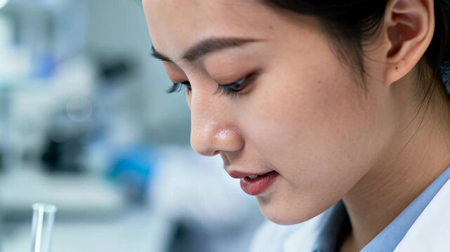 Woman examines a test tube in a clinical laboratory, wearing blue gloves and a white lab coat while working with microscopes and instruments and displaying a focused, professional demeanor during samp